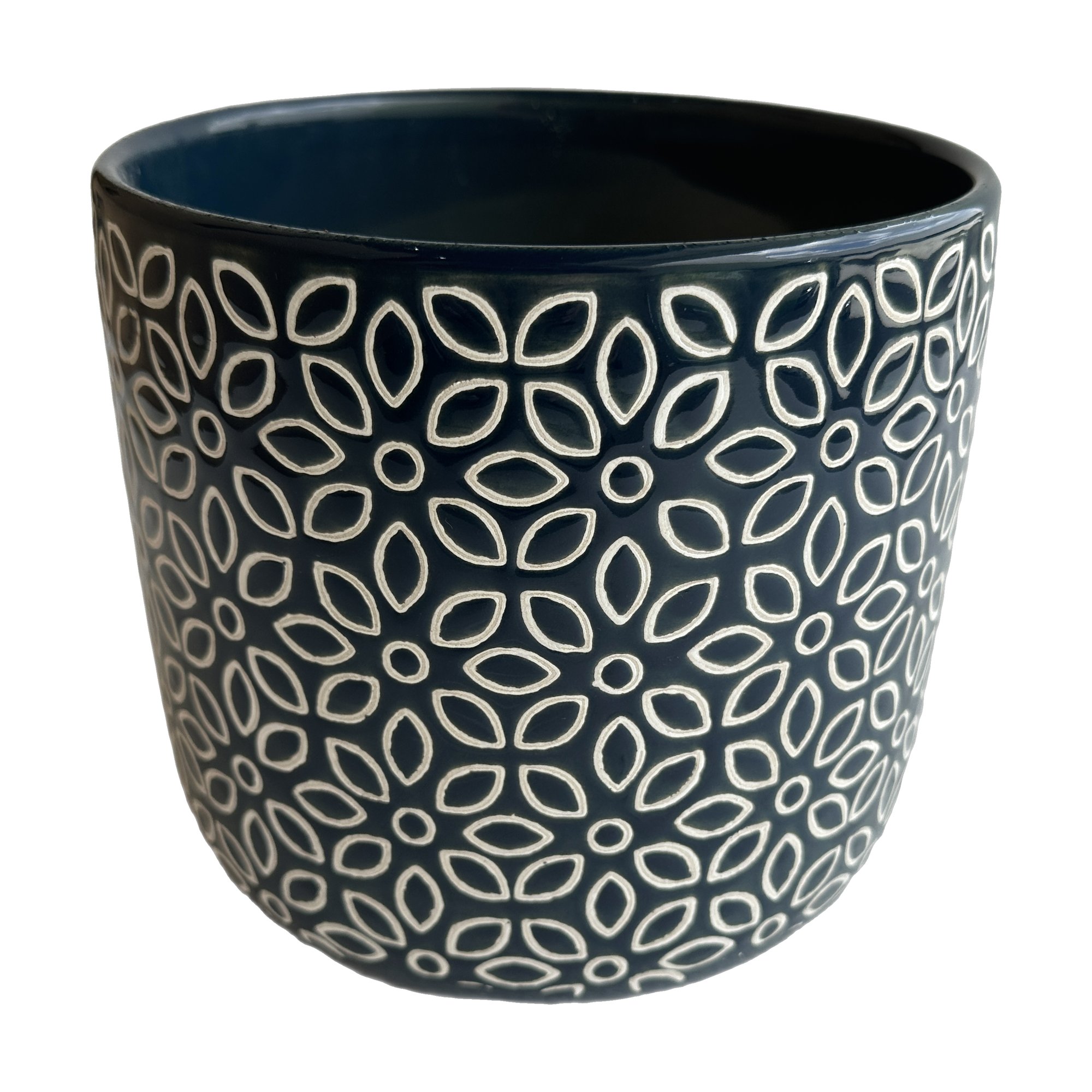 Maceta de Cerámica con Esmalte Azul y Patrón de Flores, tamaño 15x14cm - image 1