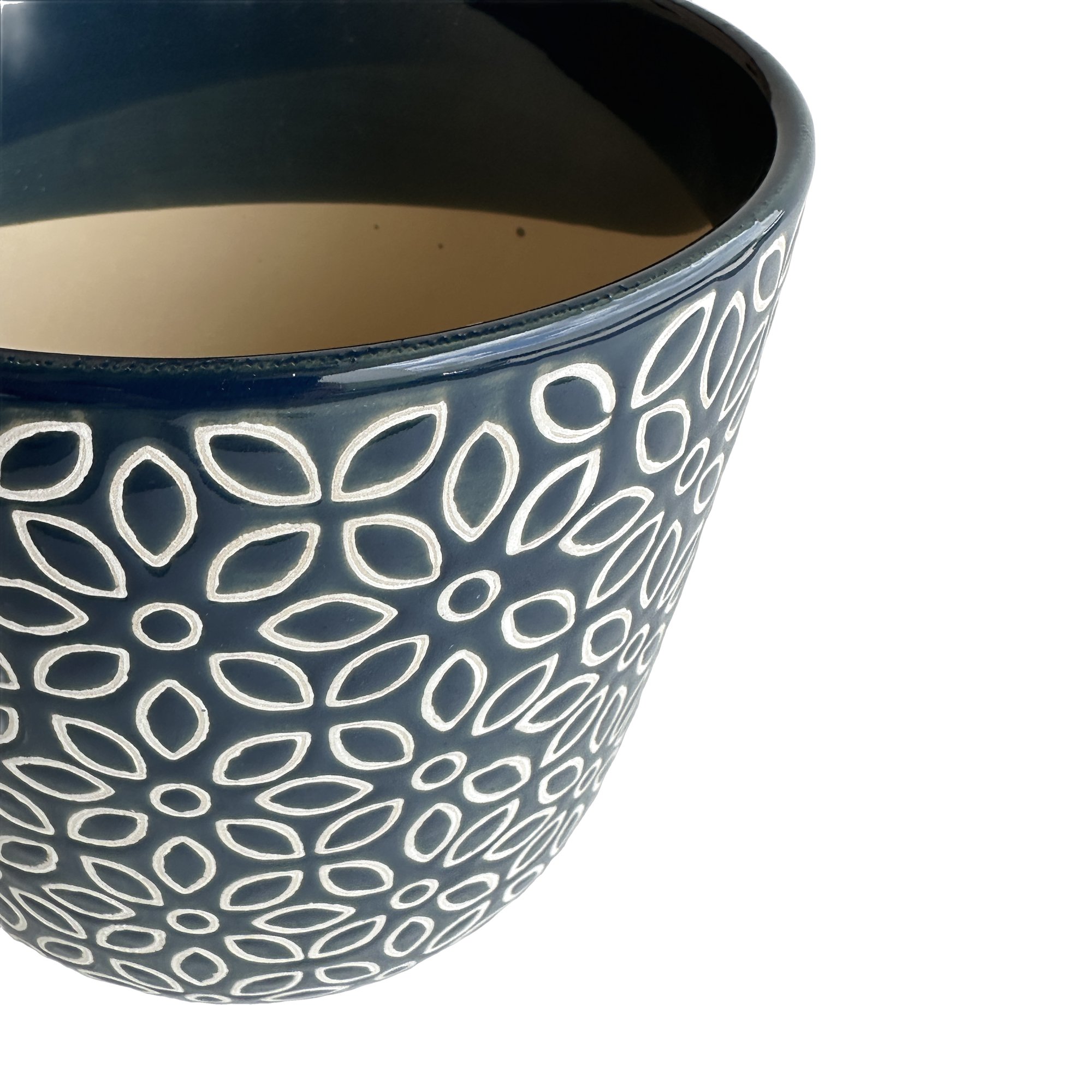 Ceramic Pot with Blue Glaze and Flower Pattern, 17x16cm size - image 4