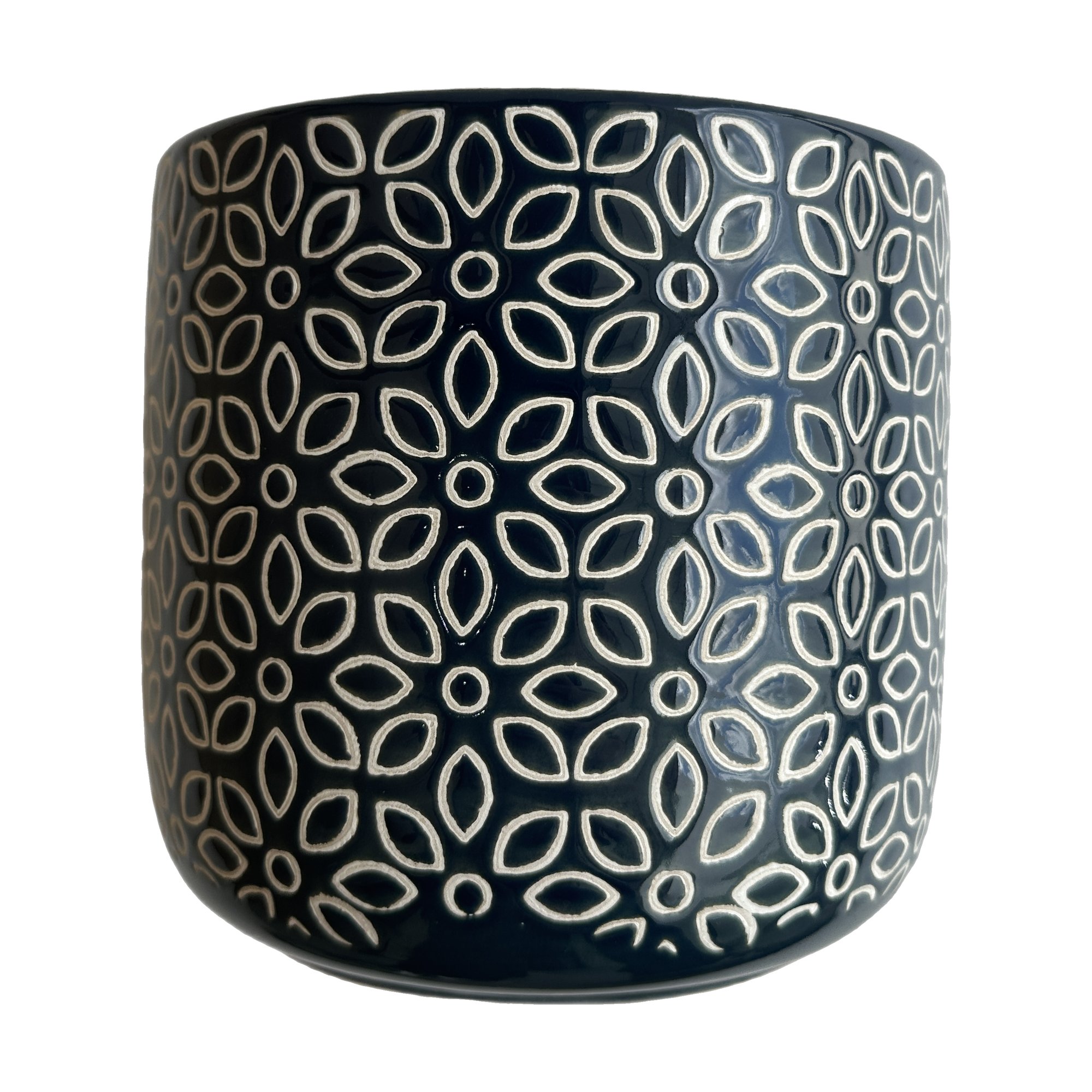 Ceramic Pot with Blue Glaze and Flower Pattern, 17x16cm size - image 6
