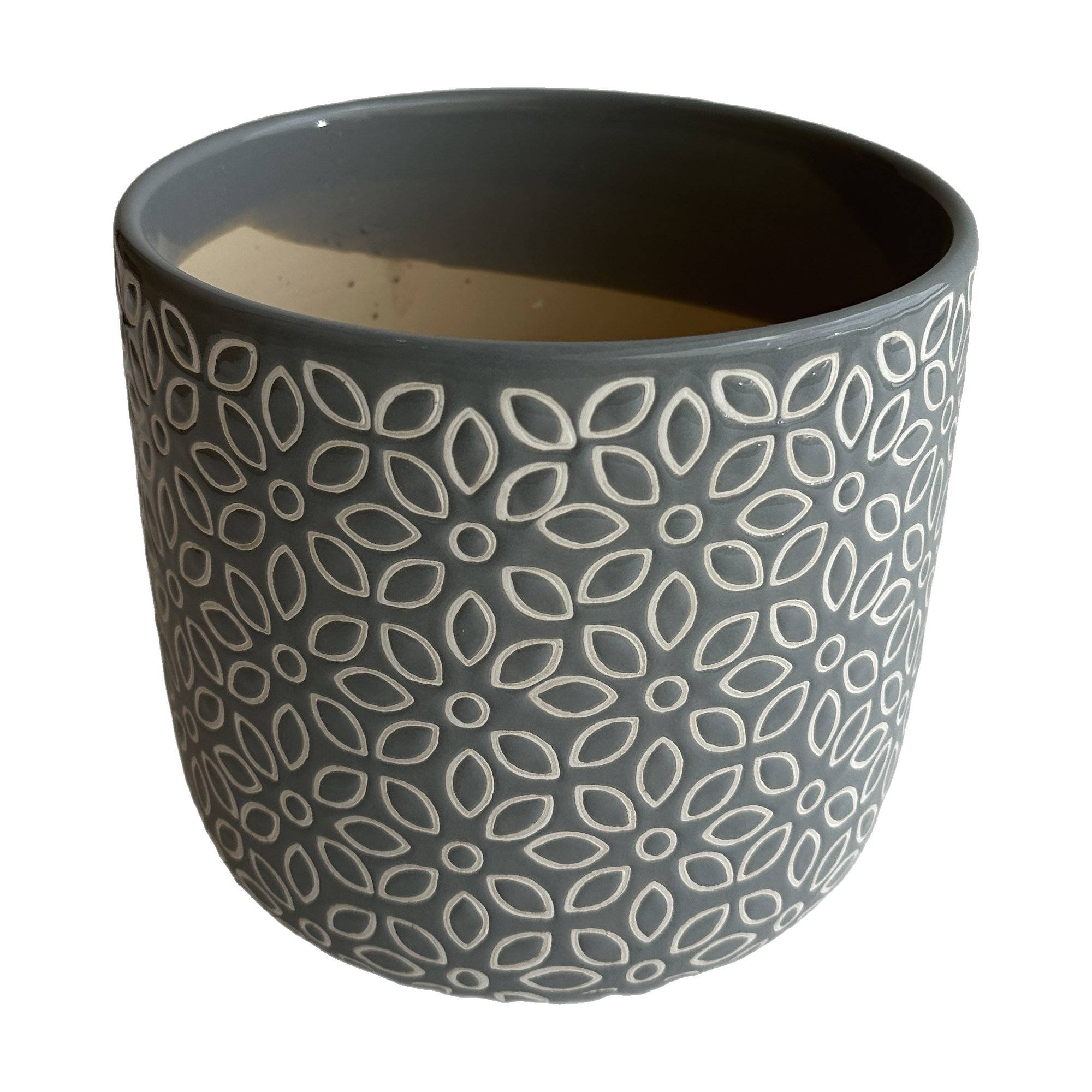 Ceramic Pot with Gray Glaze and Flower Pattern, 15x14cm size - image 1
