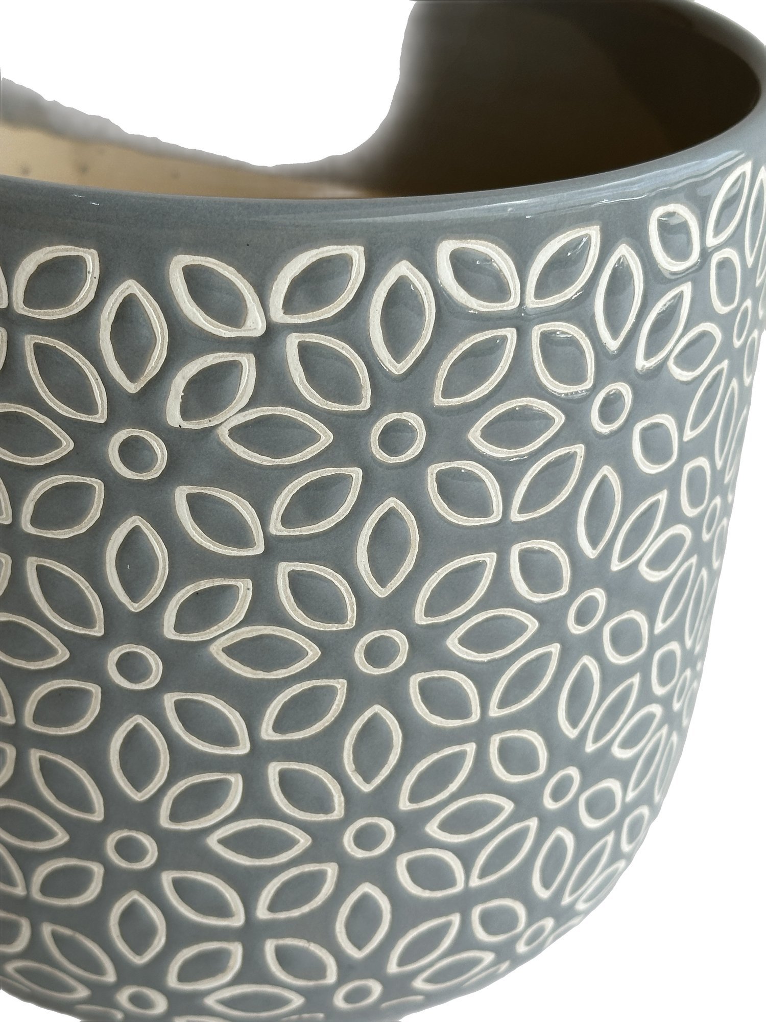 Ceramic Pot with Gray Glaze and Flower Pattern, 15x14cm size - image 2