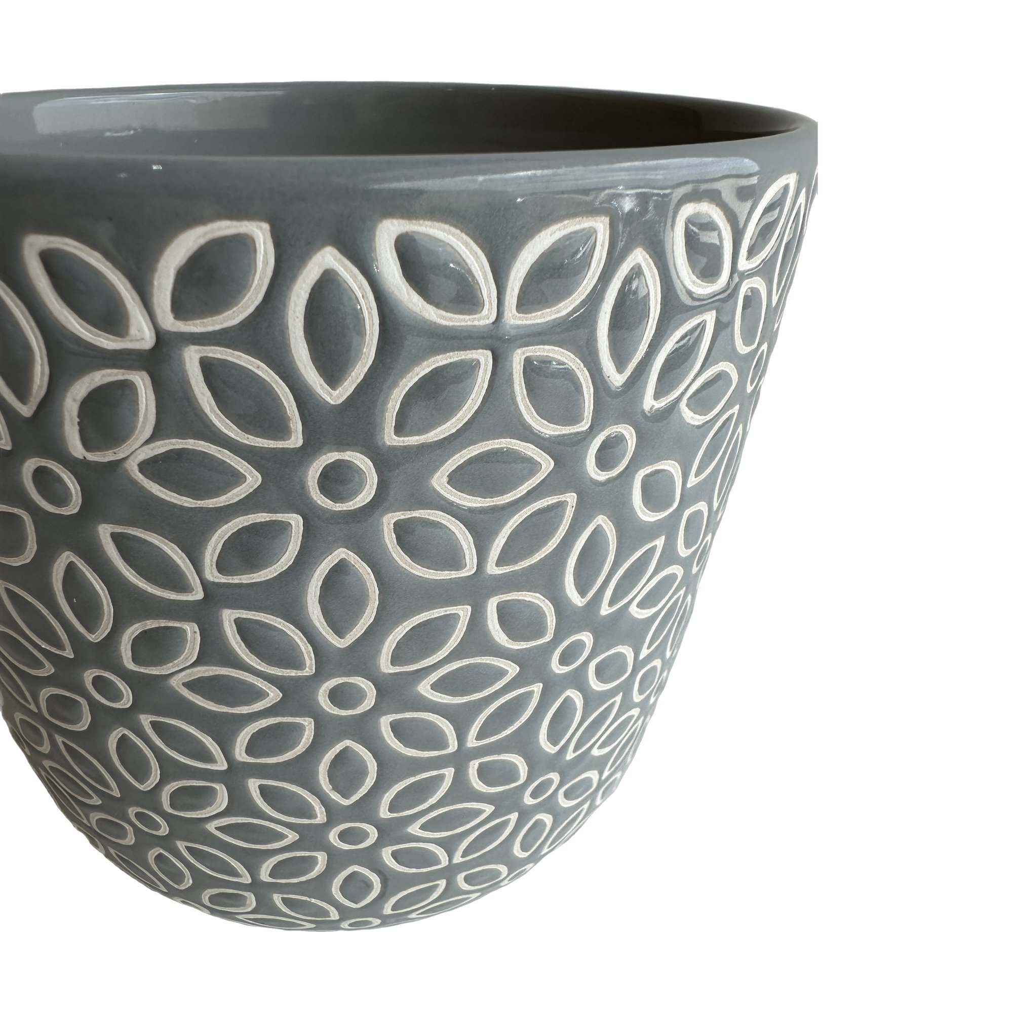 Ceramic Pot with Gray Glaze and Flower Pattern, 15x14cm size - image 4