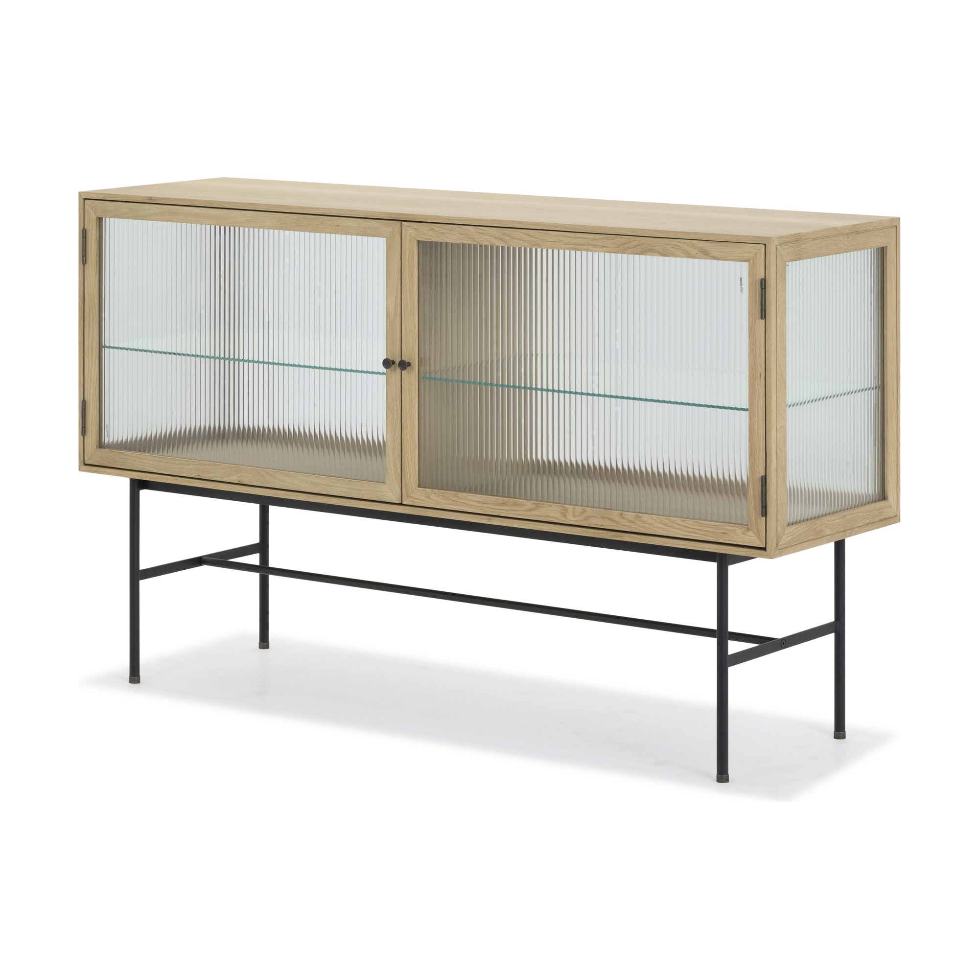 Bay Sideboard with Natural Oak Veneer Body, Fluted Glass Panel and Black Steel Legs in 150cm - image 1