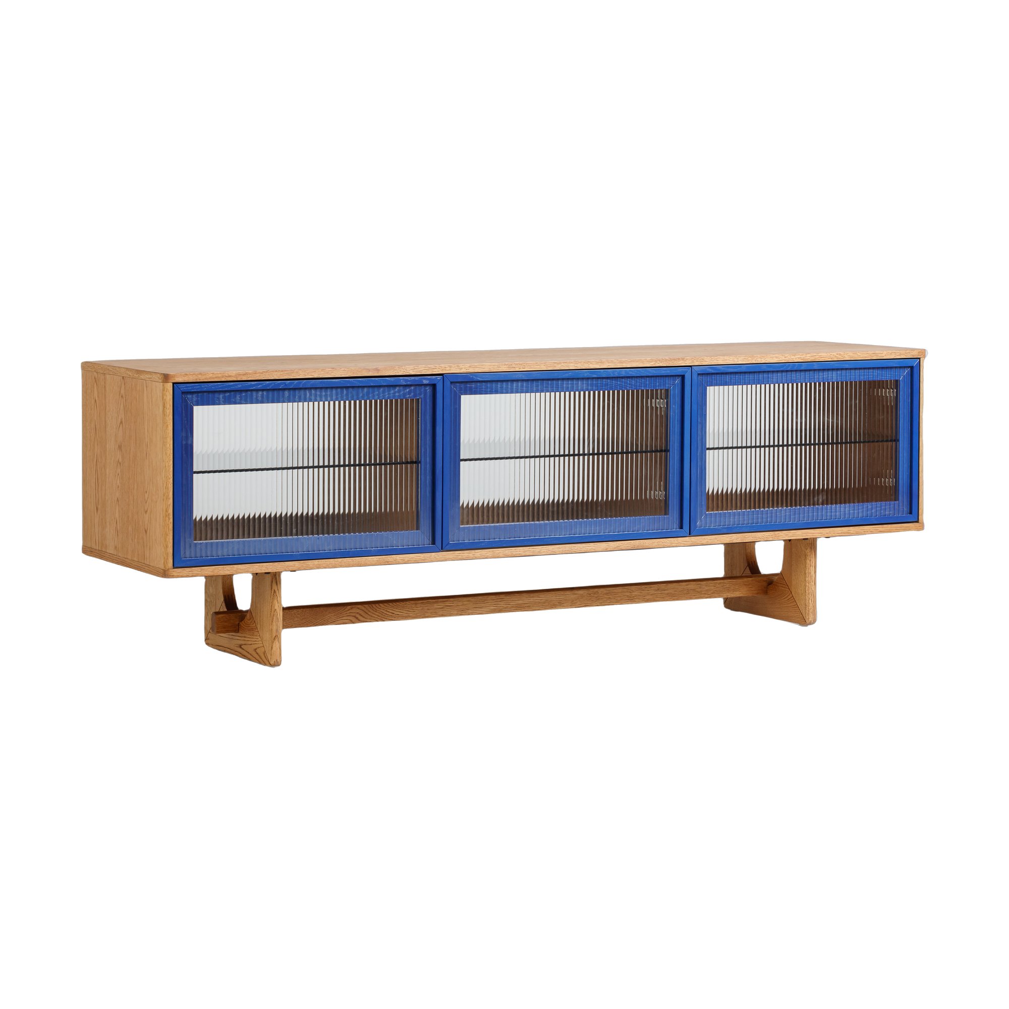 Arch TV Unit V2 with Natural Oak Frame, Natural Oak Veneer Body, Fluted Glass Panel and Blue Trim in 180cm - image 1