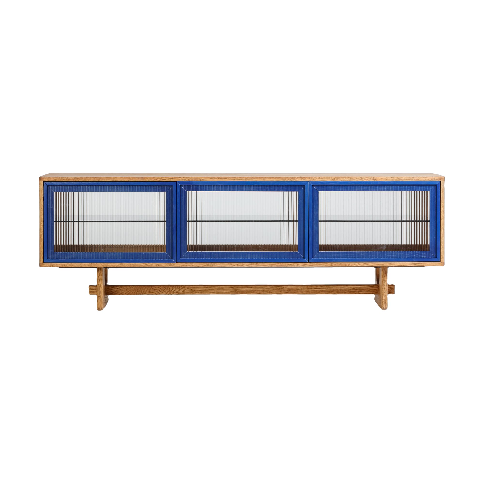 Arch TV Unit V2 with Natural Oak Frame, Natural Oak Veneer Body, Fluted Glass Panel and Blue Trim in 180cm - image 2