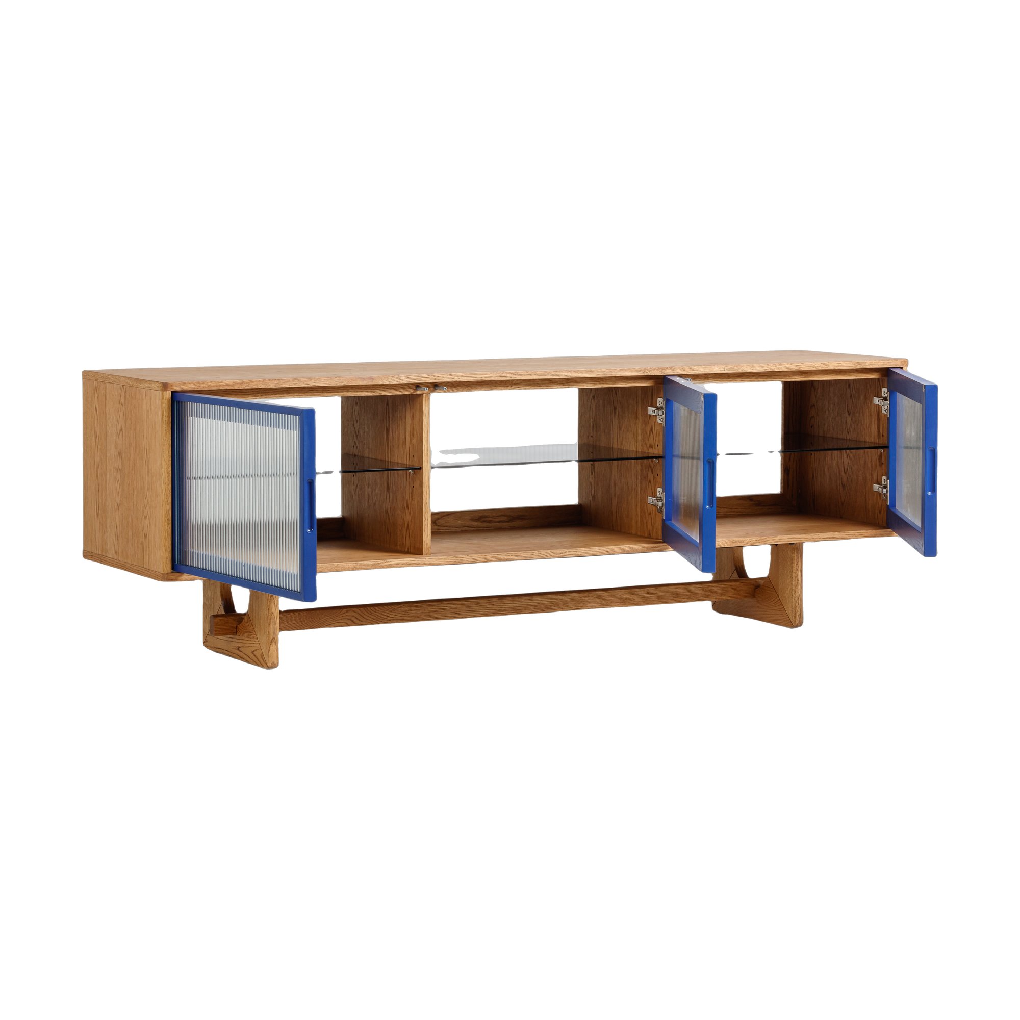 Arch TV Unit V2 with Natural Oak Frame, Natural Oak Veneer Body, Fluted Glass Panel and Blue Trim in 180cm - image 3
