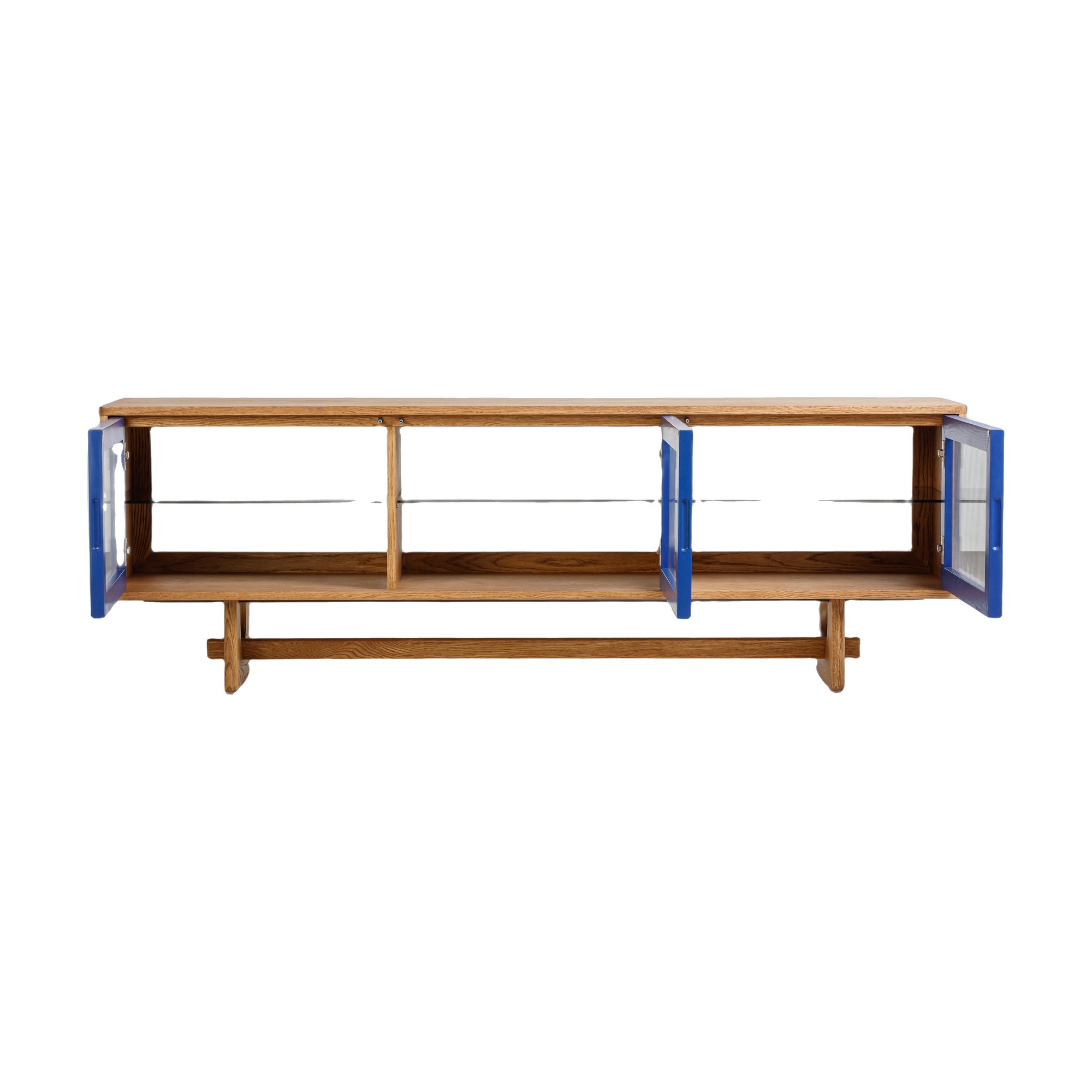 Arch TV Unit V2 with Natural Oak Frame, Natural Oak Veneer Body, Fluted Glass Panel and Blue Trim in 180cm - image 4