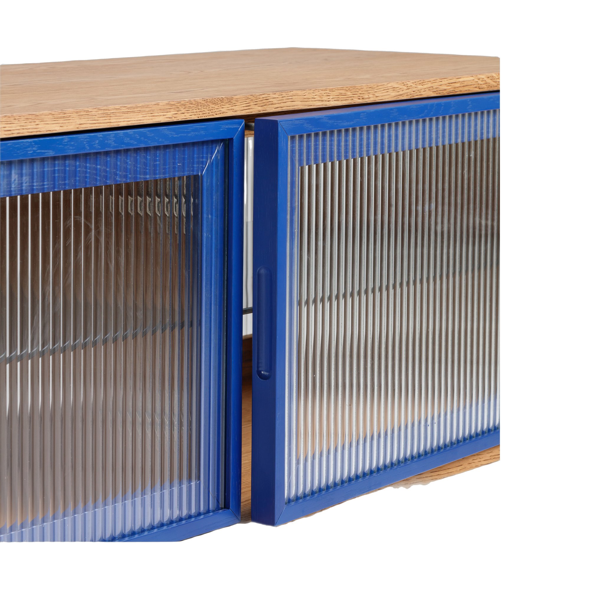 Arch TV Unit V2 with Natural Oak Frame, Natural Oak Veneer Body, Fluted Glass Panel and Blue Trim in 180cm - image 5