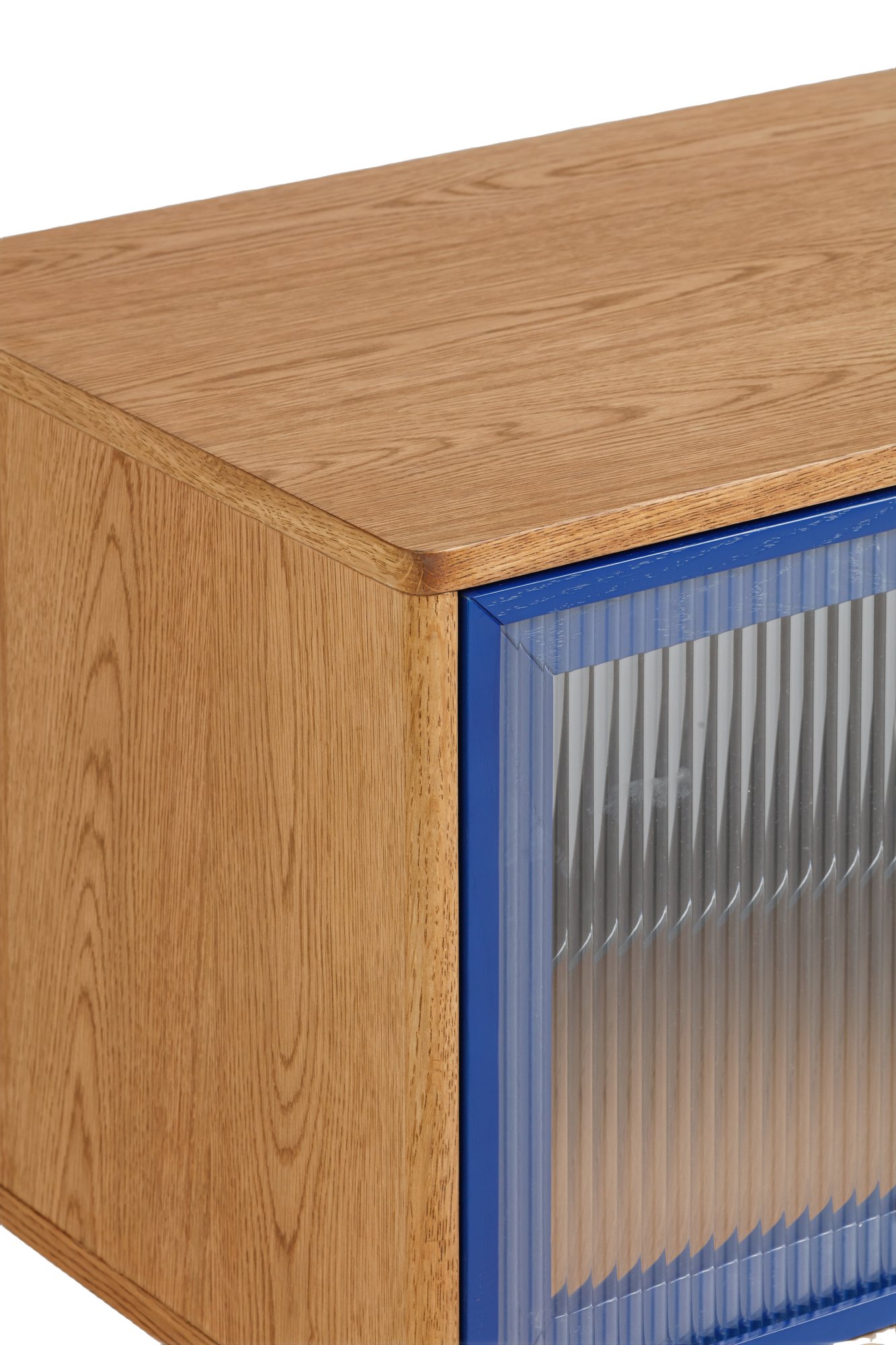 Arch TV Unit V2 with Natural Oak Frame, Natural Oak Veneer Body, Fluted Glass Panel and Blue Trim in 180cm - image 6