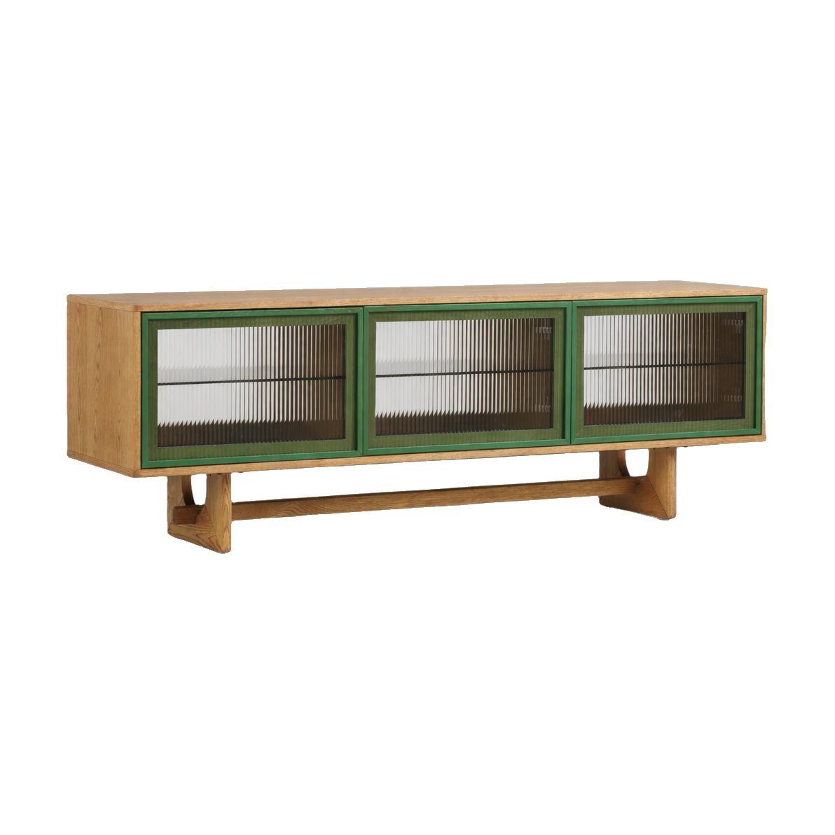 Mueble de TV Arch V2 con Estructura de Roble Natural, Cuerpo de Chapa de Roble Natural, Paneles de Vidrio Estriado y Ribete Verde, 180cm - image 1