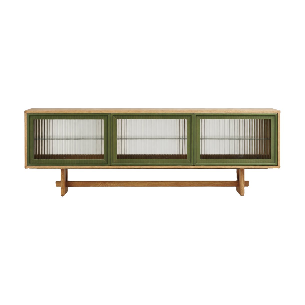 Mueble de TV Arch V2 con Estructura de Roble Natural, Cuerpo de Chapa de Roble Natural, Paneles de Vidrio Estriado y Ribete Verde, 180cm - image 2