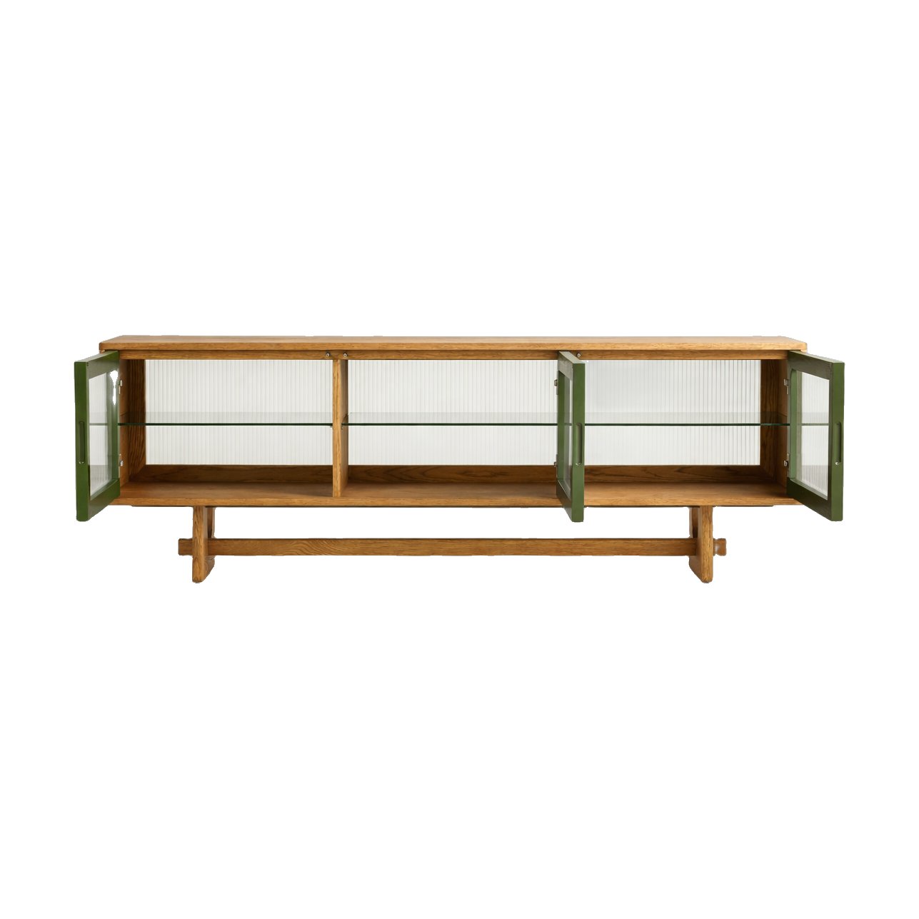 Mueble de TV Arch V2 con Estructura de Roble Natural, Cuerpo de Chapa de Roble Natural, Paneles de Vidrio Estriado y Ribete Verde, 180cm - image 3