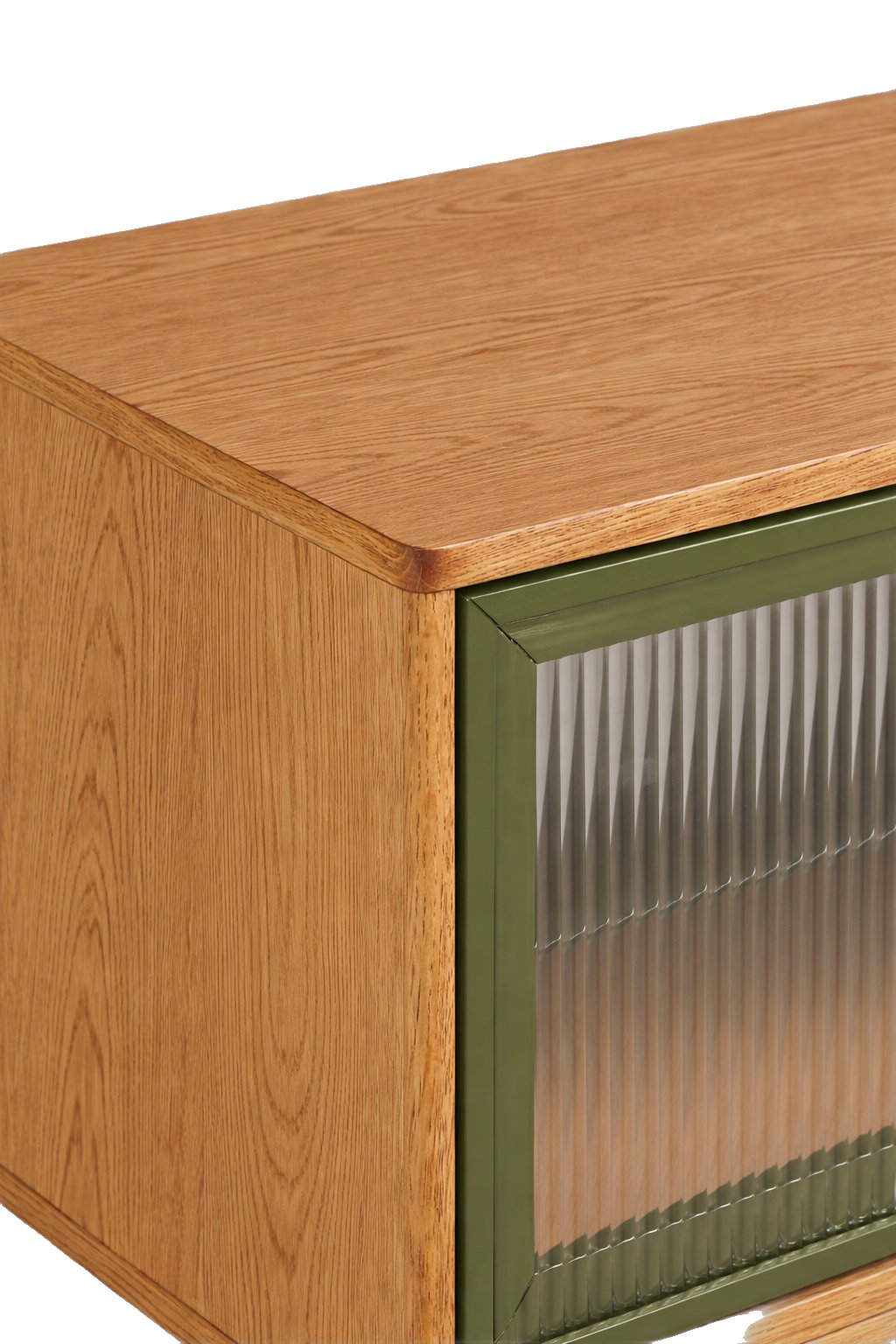 Mueble de TV Arch V2 con Estructura de Roble Natural, Cuerpo de Chapa de Roble Natural, Paneles de Vidrio Estriado y Ribete Verde, 180cm - image 4
