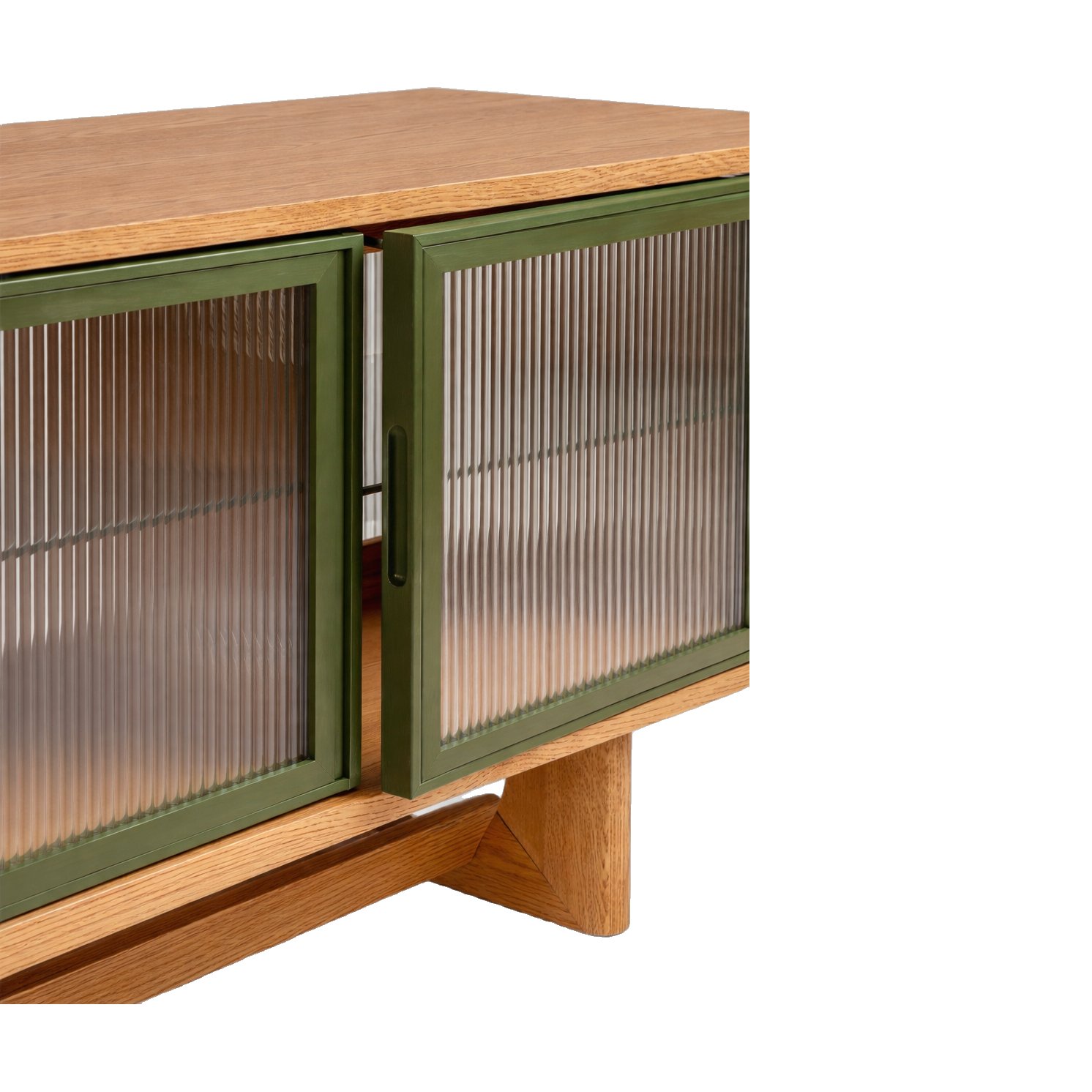 Mueble de TV Arch V2 con Estructura de Roble Natural, Cuerpo de Chapa de Roble Natural, Paneles de Vidrio Estriado y Ribete Verde, 180cm - image 5
