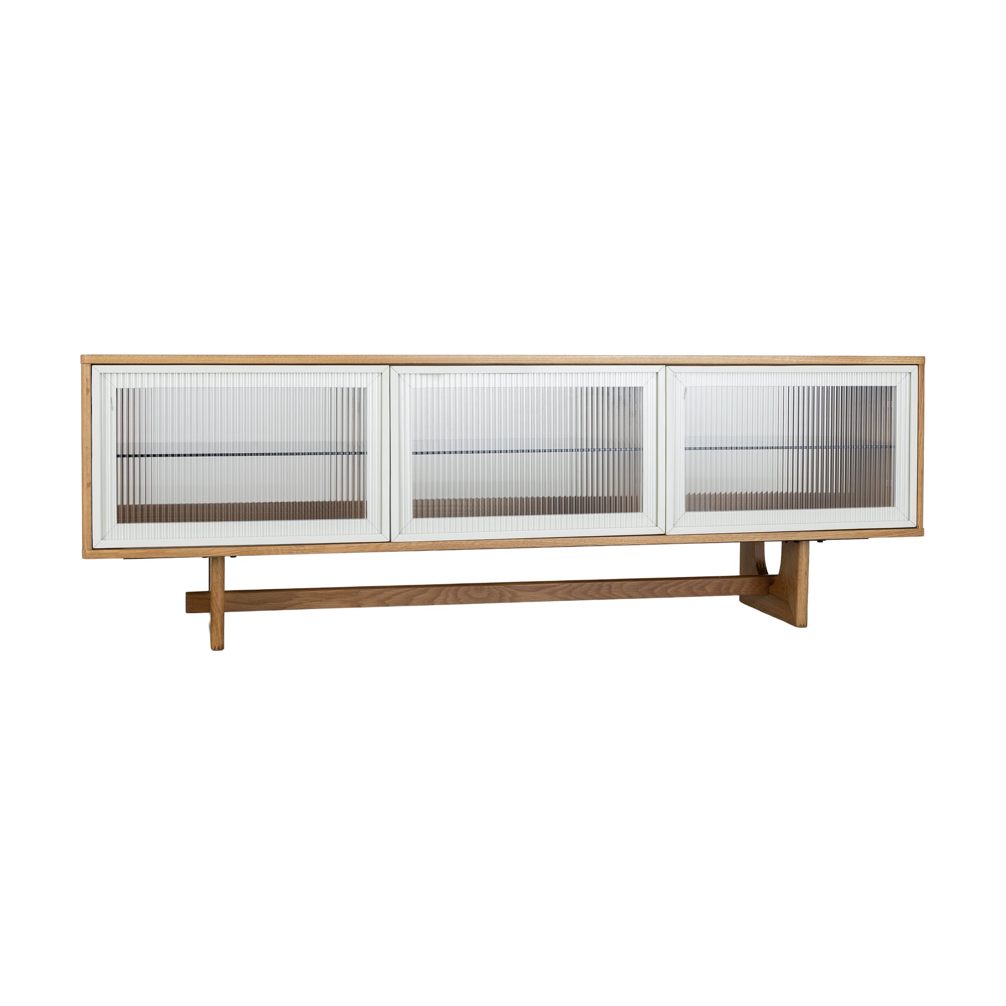 Mueble de TV Arch V2 con Estructura de Roble Natural, Cuerpo de Chapa de Roble Natural, Paneles de Vidrio Estriado y Ribete Blanco Hueso, 180cm - image 1