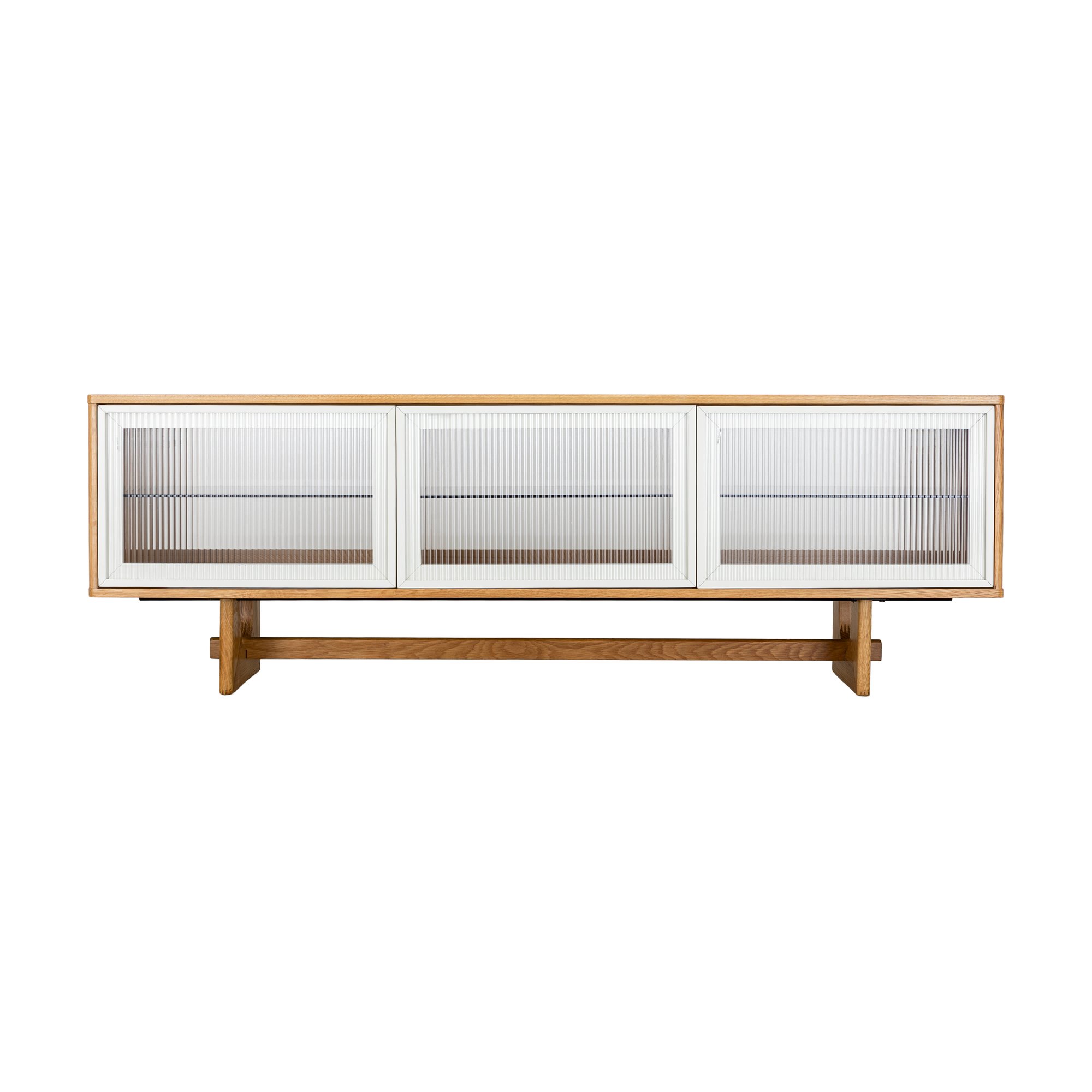 Mueble de TV Arch V2 con Estructura de Roble Natural, Cuerpo de Chapa de Roble Natural, Paneles de Vidrio Estriado y Ribete Blanco Hueso, 180cm - image 2