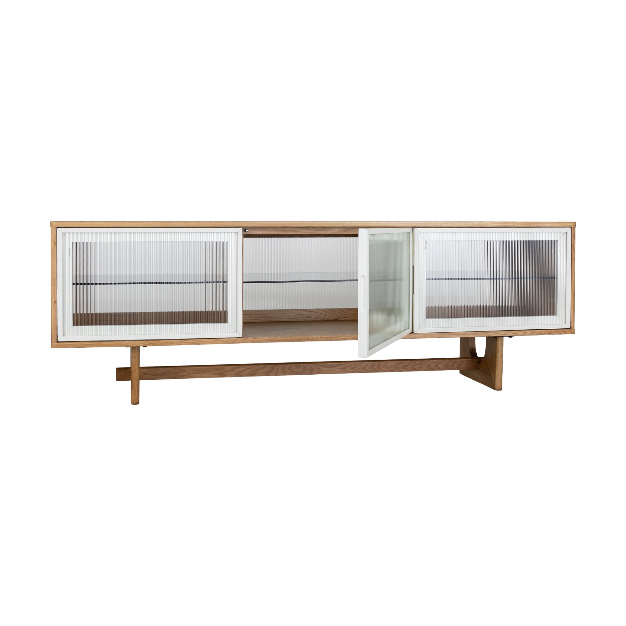 Mueble de TV Arch V2 con Estructura de Roble Natural, Cuerpo de Chapa de Roble Natural, Paneles de Vidrio Estriado y Ribete Blanco Hueso, 180cm - image 3
