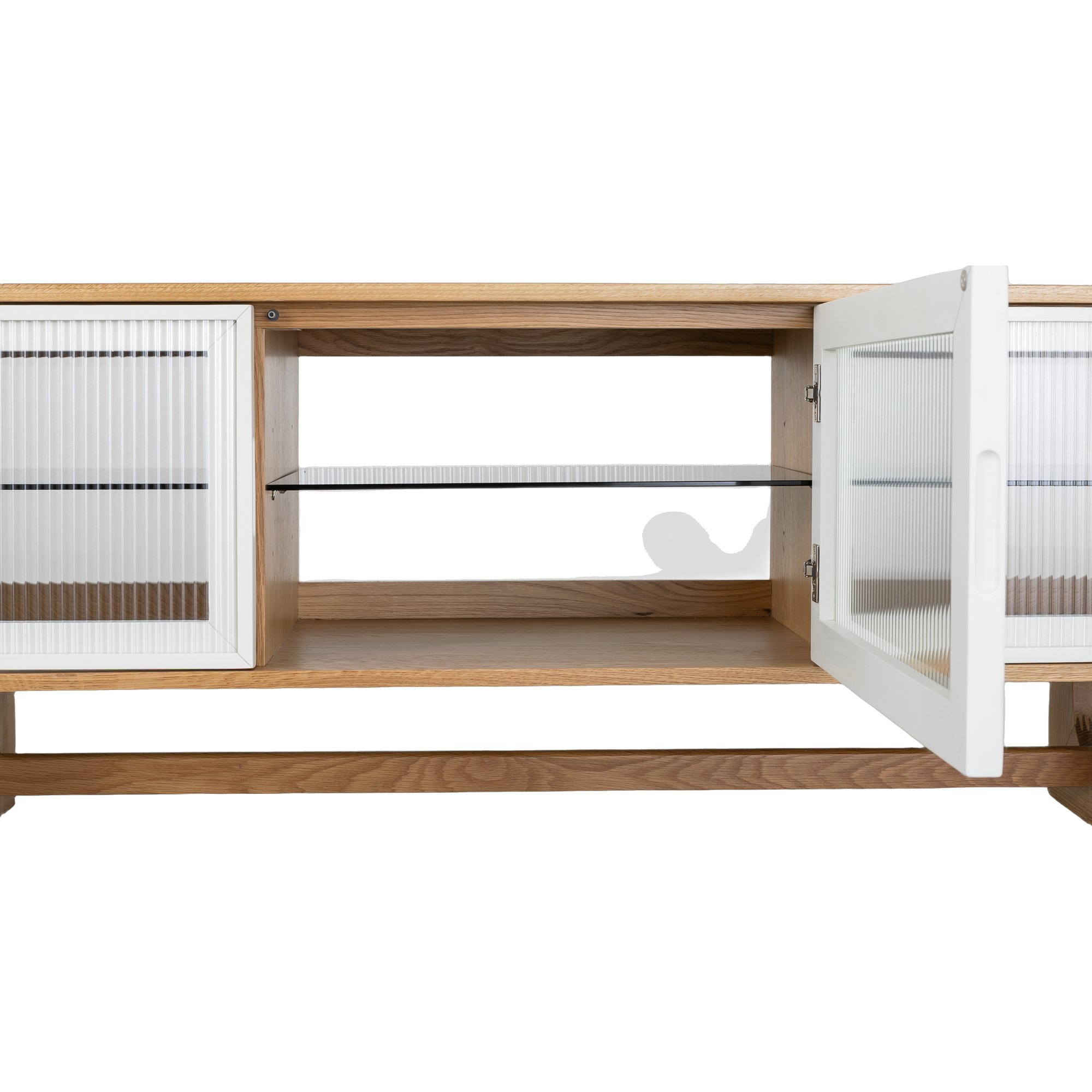 Mueble de TV Arch V2 con Estructura de Roble Natural, Cuerpo de Chapa de Roble Natural, Paneles de Vidrio Estriado y Ribete Blanco Hueso, 180cm - image 4